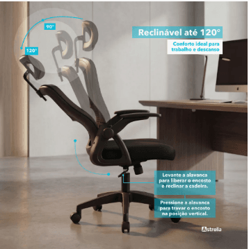Cadeira Escritório Ergonômica Astrella Preta Mesh Giratória Preto Mesh - Imagem 5