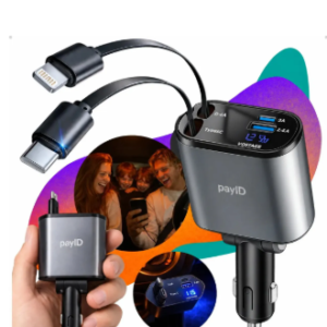 Carregador Veicular Automotivo Payid Com 2 Cabos Retrátil Para Carros Caminhão Carga Rápida 120w Tipo-c E Ios 2 Entradas Usb Super Fast Charge Turbo 4 Em 1 Original Compatível Com iPhone Samsung