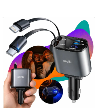 Carregador Veicular Automotivo Payid Com 2 Cabos Retrátil Para Carros Caminhão Carga Rápida 120w Tipo-c E Ios 2 Entradas Usb Super Fast Charge Turbo 4 Em 1 Original Compatível Com iPhone Samsung