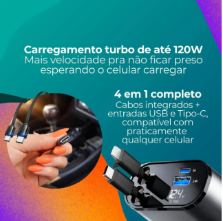 Carregador Veicular Automotivo Payid Com 2 Cabos Retrátil Para Carros Caminhão Carga Rápida 120w Tipo-c E Ios 2 Entradas Usb Super Fast Charge Turbo 4 Em 1 Original Compatível Com iPhone Samsung - Imagem 3